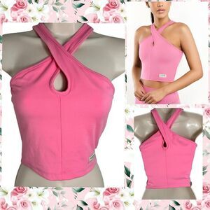 The Giving Movement Neon Pink Sustainable Crossover Halter Cropped Tank Top